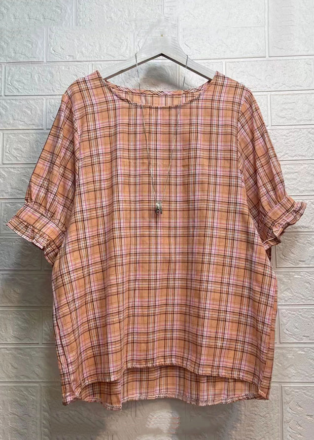 New Orange Plaid Ruffled Patchwork Cotton Shirt Tops Short Sleeve