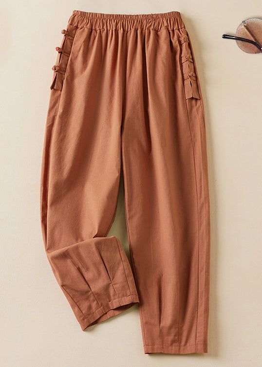 New Orange Pockets Elastic Waist Cotton Crop Pants Summer