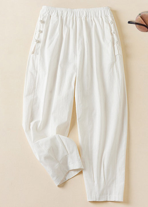 New Orange Pockets Elastic Waist Cotton Crop Pants Summer