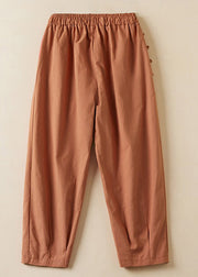 New Orange Pockets Elastic Waist Cotton Crop Pants Summer