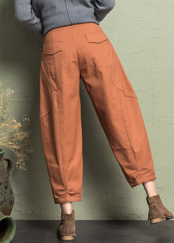 New Orange Pockets High Waist Cotton Crop Pants Spring