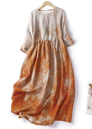 New Orange Print Lace Up Pockets Cotton Long Dress Half Sleeve