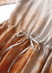 New Orange Print Lace Up Pockets Cotton Long Dress Half Sleeve