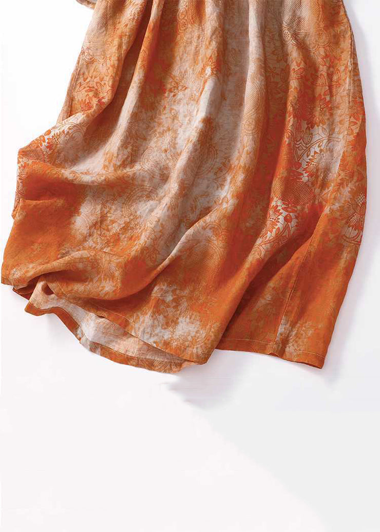 New Orange Print Lace Up Pockets Cotton Long Dress Half Sleeve