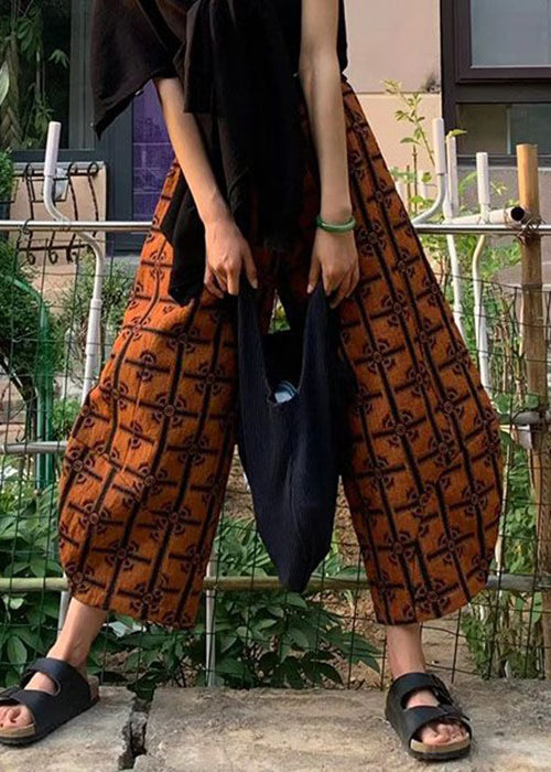 New Orange Print Pockets High Waist Cotton Crop Pants Spring