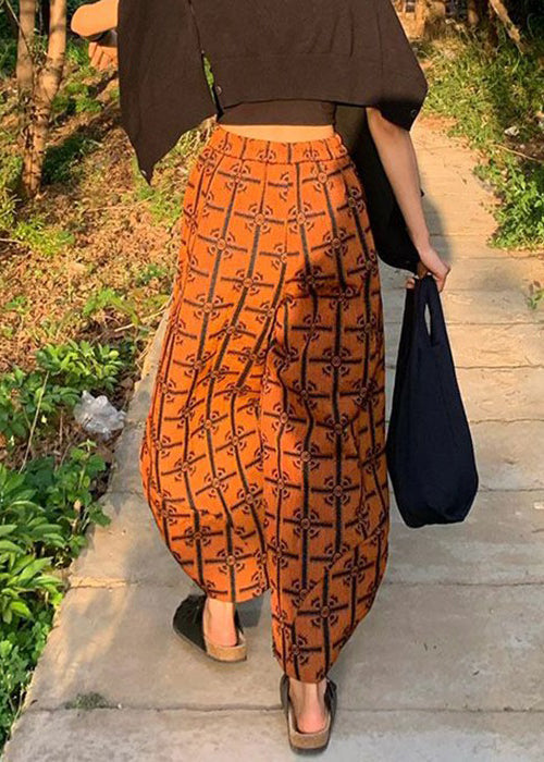 New Orange Print Pockets High Waist Cotton Crop Pants Spring