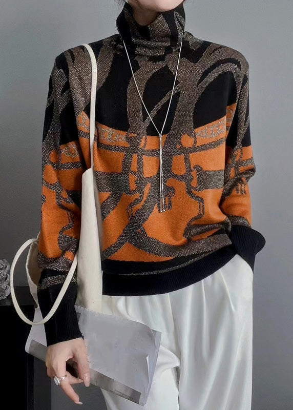 New Orange Turtleneck Print Patchwork Knit Top Fall