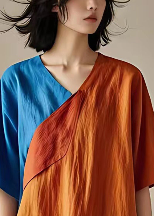New Orange V Neck Asymmetrical Linen T Shirts Summer
