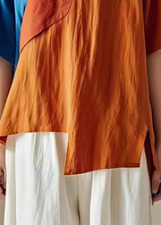 New Orange V Neck Asymmetrical Linen T Shirts Summer