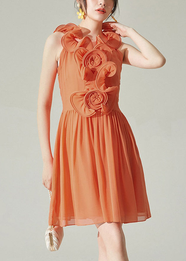 New Orange Wrinkled Solid Chiffon Mid Dress Sleeveless