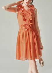 New Orange Wrinkled Solid Chiffon Mid Dress Sleeveless