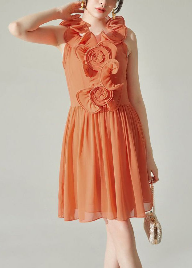 New Orange Wrinkled Solid Chiffon Mid Dress Sleeveless