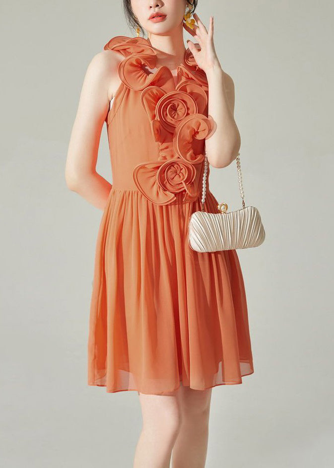 New Orange Wrinkled Solid Chiffon Mid Dress Sleeveless