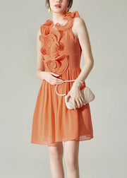 New Orange Wrinkled Solid Chiffon Mid Dress Sleeveless