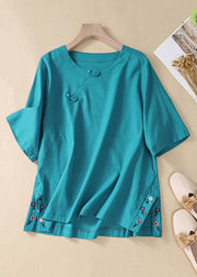 New Peacock Blue Embroidered Side Open Cotton T Shirt Summer