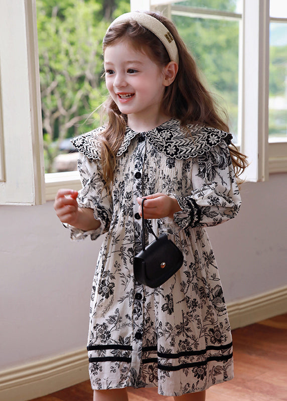 New Peter Pan Collar Print Girls Maxi Dress Puff Sleeve