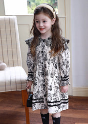 New Peter Pan Collar Print Girls Maxi Dress Puff Sleeve