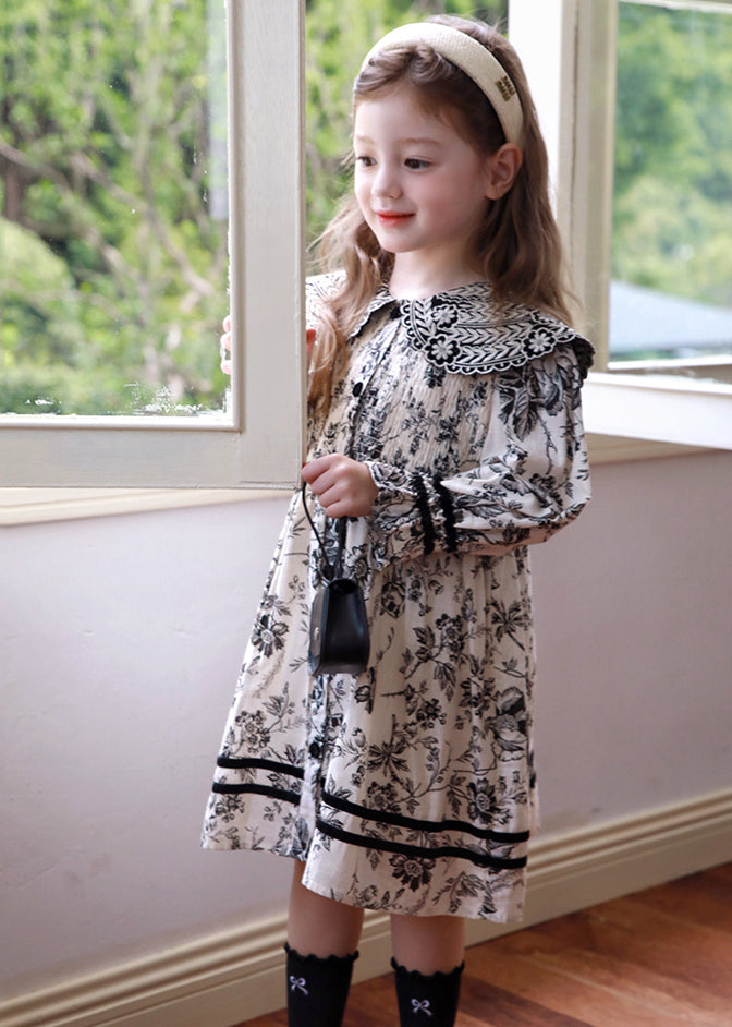 New Peter Pan Collar Print Girls Maxi Dress Puff Sleeve