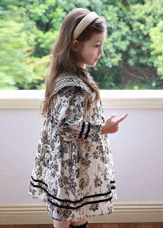 New Peter Pan Collar Print Girls Maxi Dress Puff Sleeve