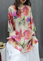 New Photo Color V Neck Print Linen Blouse Half Sleeve