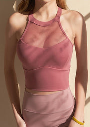 New Pink Backless Tulle Patchwork Yoga Tops Sleeveless