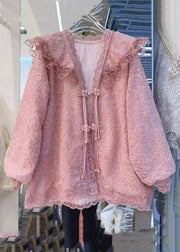 New Pink Button Lace Patchwork Cotton Coat Long Sleeve