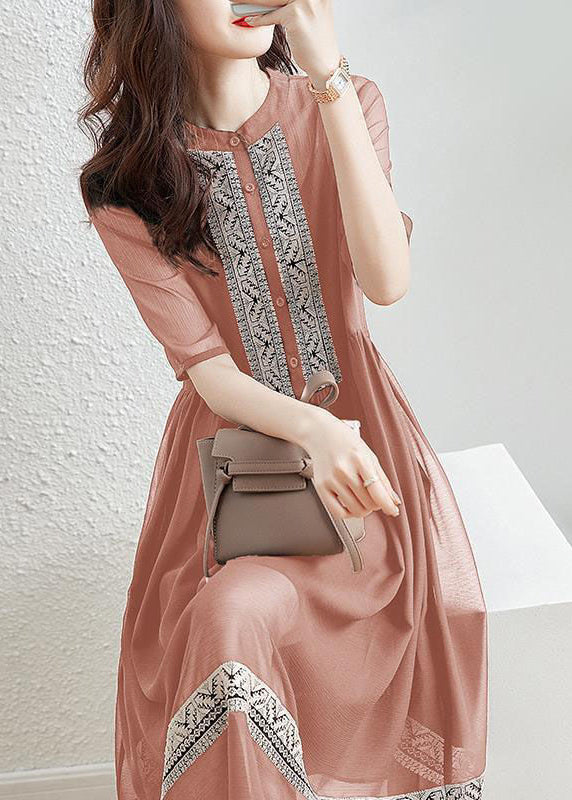 New Pink Button Patchwork Cotton Shirt Dresses Half Sleeve