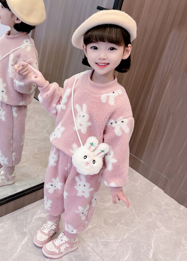 New Pink Cartoon Print Teddy Faux Fur Girls Two Pieces Set Long Sleeve