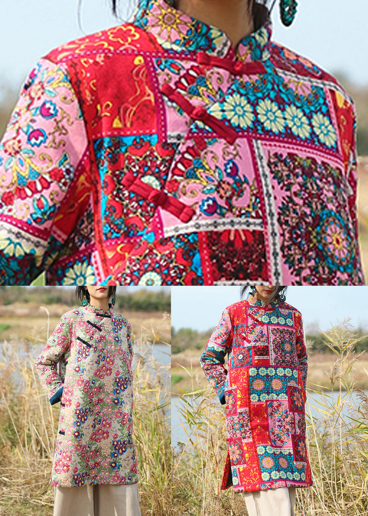 New Pink Chinese Button Print Patchwork Cotton Mid Dresses Fall