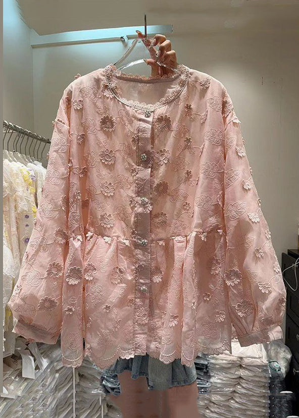 New Pink Embroidered Button Lace Shirt Spring