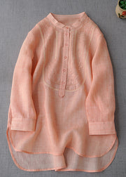 New Pink Embroidered Button Linen Shirts Long Sleeve