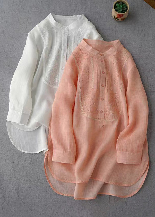 New Pink Embroidered Button Linen Shirts Long Sleeve