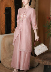 New Pink Embroidered Button Silk Two Pieces Set Summer