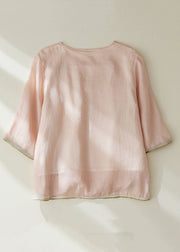 New Pink Embroidered Tasseled Patchwork Linen Shirt Bracelet Sleeve