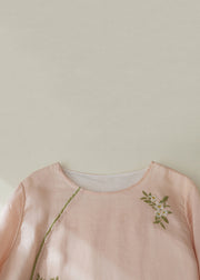 New Pink Embroidered Tasseled Patchwork Linen Shirt Bracelet Sleeve