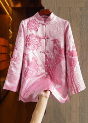 New Pink Embroideried Button Patchwork Silk Coats Fall