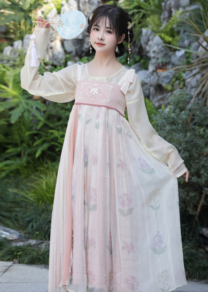 New Pink Embroideried Front Open Patchwork Chiffon Two Pieces Set Fall