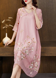 New Pink Embroidered Pockets Silk Cotton Dress Half Sleeve