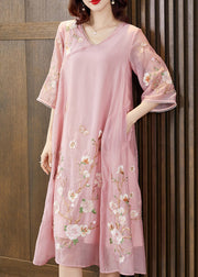 New Pink Embroidered Pockets Silk Cotton Dress Half Sleeve