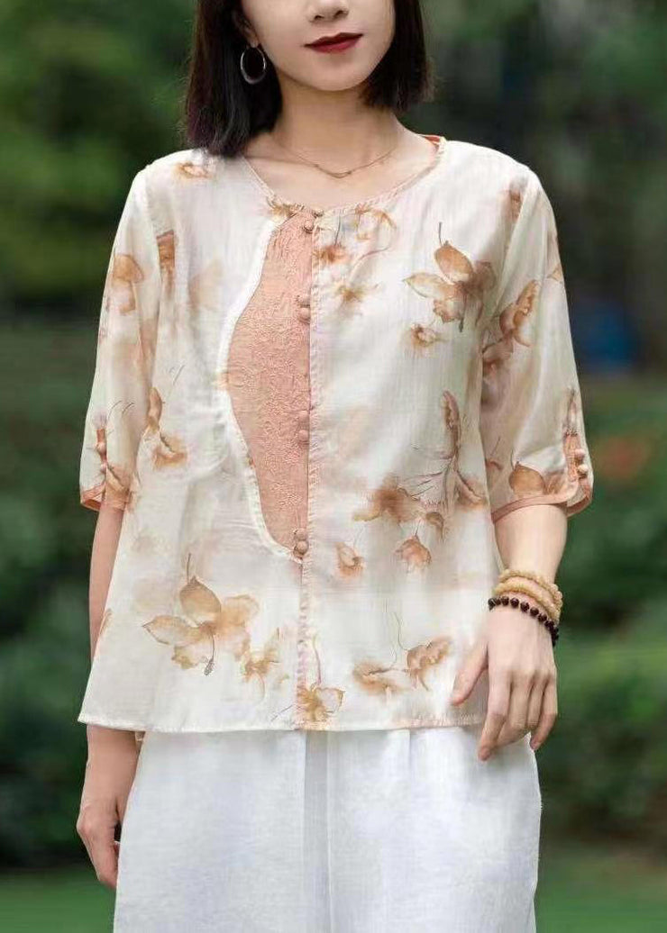 New Pink Embroideried Print Patchwork Linen T Shirt Half Sleeve