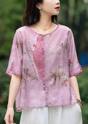 New Pink Embroidered Print Patchwork Linen T Shirt Half Sleeve