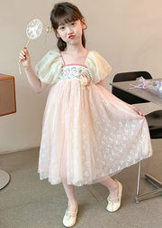New Pink Embroideried Print Patchwork Tulle Girls Dress Summer