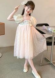 New Pink Embroideried Print Patchwork Tulle Girls Dress Summer