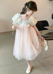 New Pink Embroideried Print Patchwork Tulle Girls Dress Summer