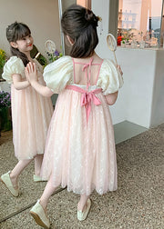 New Pink Embroideried Print Patchwork Tulle Girls Dress Summer