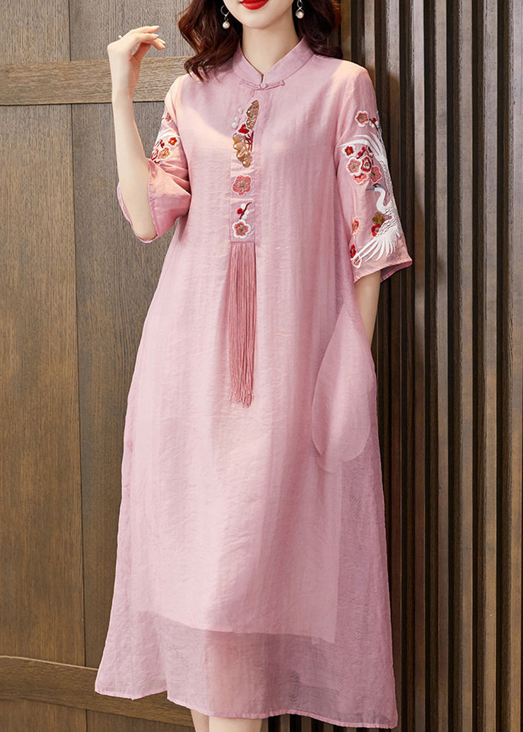 New Pink Embroidered Tasseled Silk Cotton Long Dresses Half Sleeve