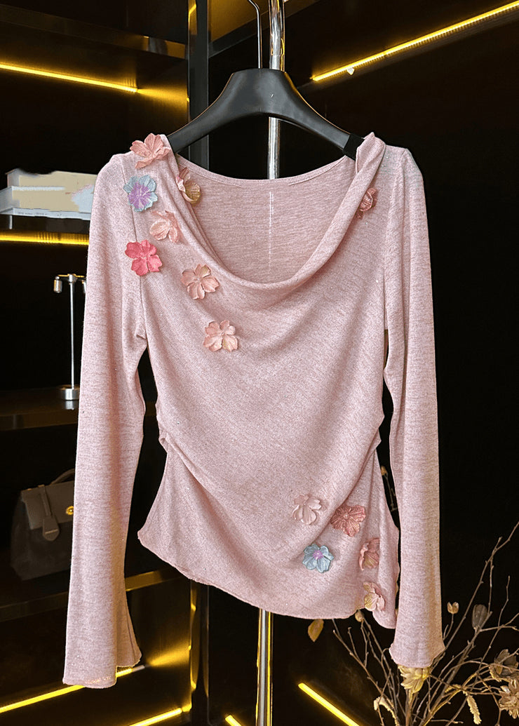 New Pink Floral Solid Cotton T Shirt Fall