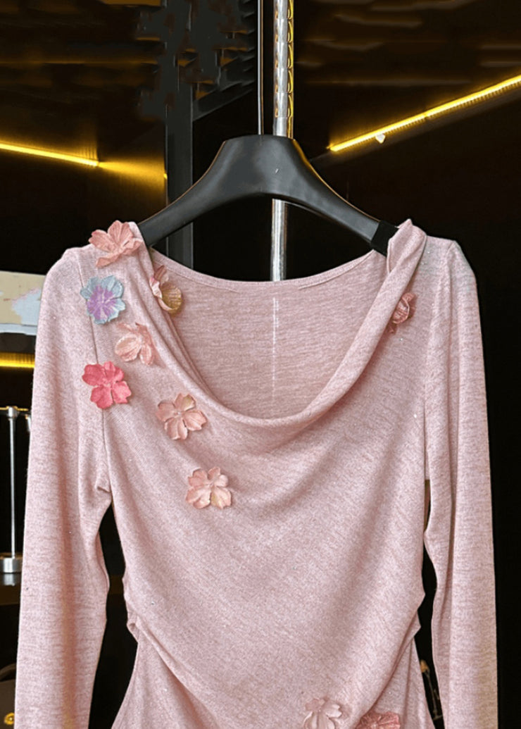 New Pink Floral Solid Cotton T Shirt Fall