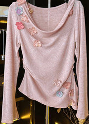 New Pink Floral Solid Cotton T Shirt Fall