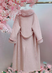 New Pink Fur Collar Sequins Nail Bead Wool Coat Spring